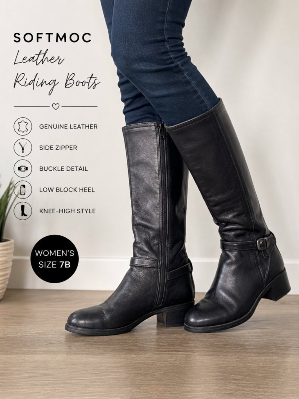 SoftMoc Black Leather Riding Boots Women's 7B Side Zip Harness Block Heel Padded